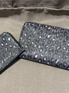 DKNY Gray & Black Leopard-Print Zip Wallet and Card Holder Set